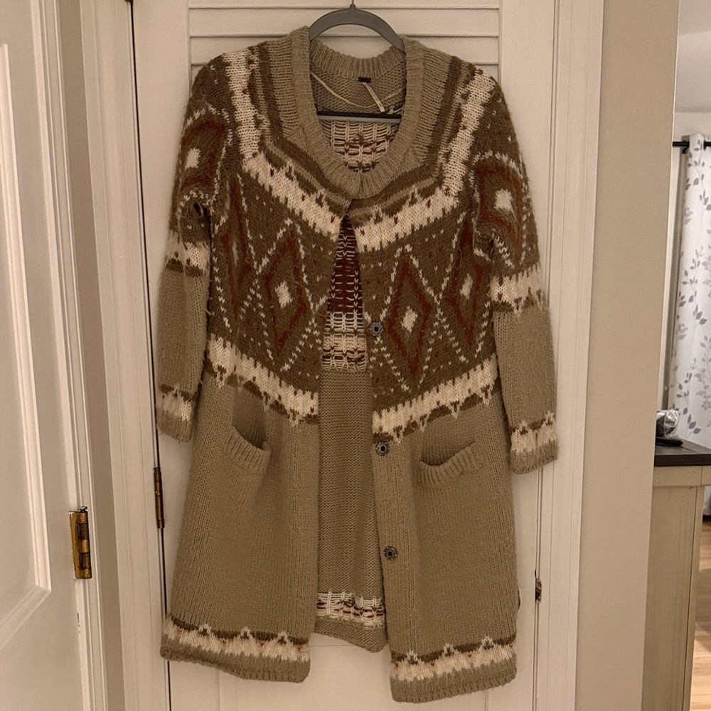 Free People Tan and Brown Knit fairisle  Cardigan